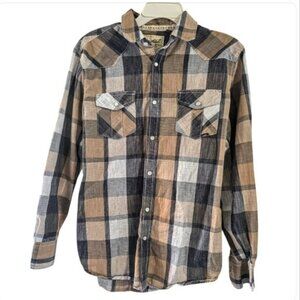 Coastal Men's Western Shirt Size Medium Tan Blue Plaid Snap Down Long Sleeves